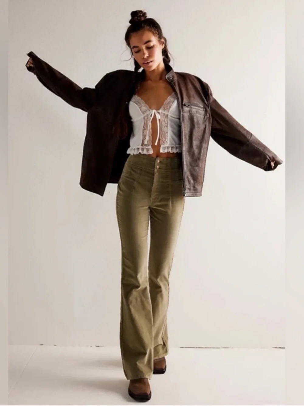 Free People We The Free Jayde Cord Flare Pants High Rise Olive Green Size 29 - Picture 11 of 11